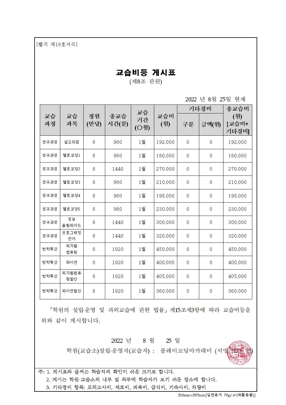 교습비등 게시표